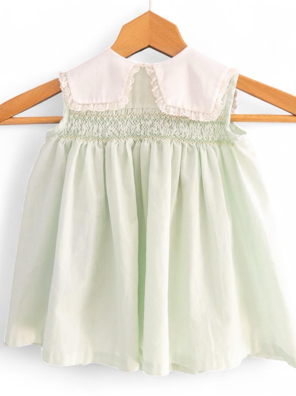 Vintage Polly Flinders Mint Green Hand Smocked Dress, Lace Collar